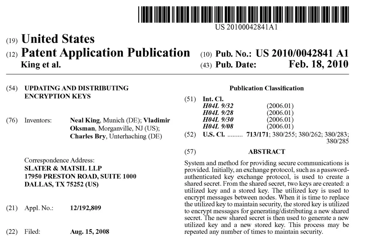 Bằng s&aacute;ng chế về Cập nhật v&agrave; ph&acirc;n phối kh&oacute;a m&atilde; h&oacute;a của  ba nh&agrave; nghi&ecirc;n cứu Neal King, Vladimir Oksman v&agrave; Charles Bry.webp
