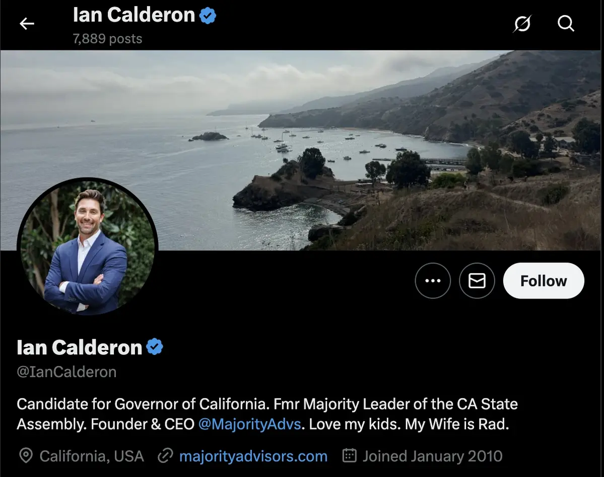 Trang cá nhân X của Ian Calderon, cựu Lãnh đạo phe Đa số Hạ viện bang California, hiện là ứng viên Thống đốc.webp