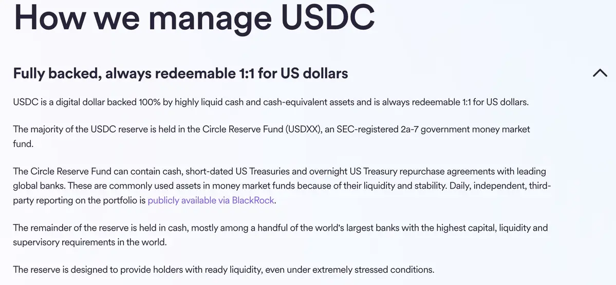 USDC được bảo chứng chủ yếu bằng trái phiếu chính phủ Mỹ ngắn hạn thông qua Quỹ Dự trữ Circle, do BlackRock quản lý. .webp