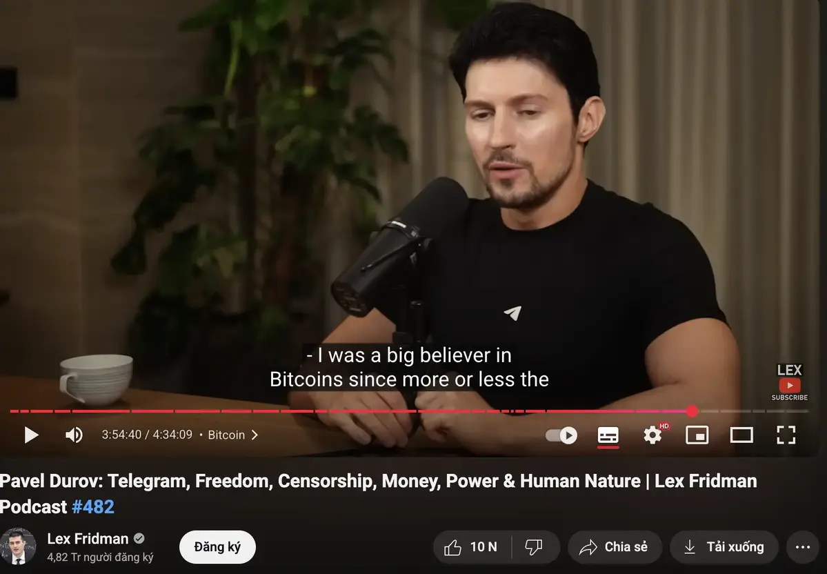 &ldquo;T&ocirc;i c&oacute; niềm tin lớn v&agrave;o Bitcoin&rdquo; - Pavel Durov chia sẻ tr&ecirc;n podcast. Nguồn Lex Fridman.webp