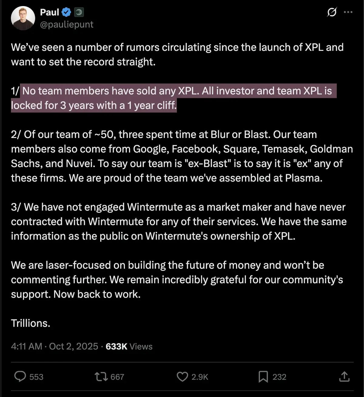 Nhà sáng lập Plasma lên tiếng trước nghi vấn bán tháo .webp