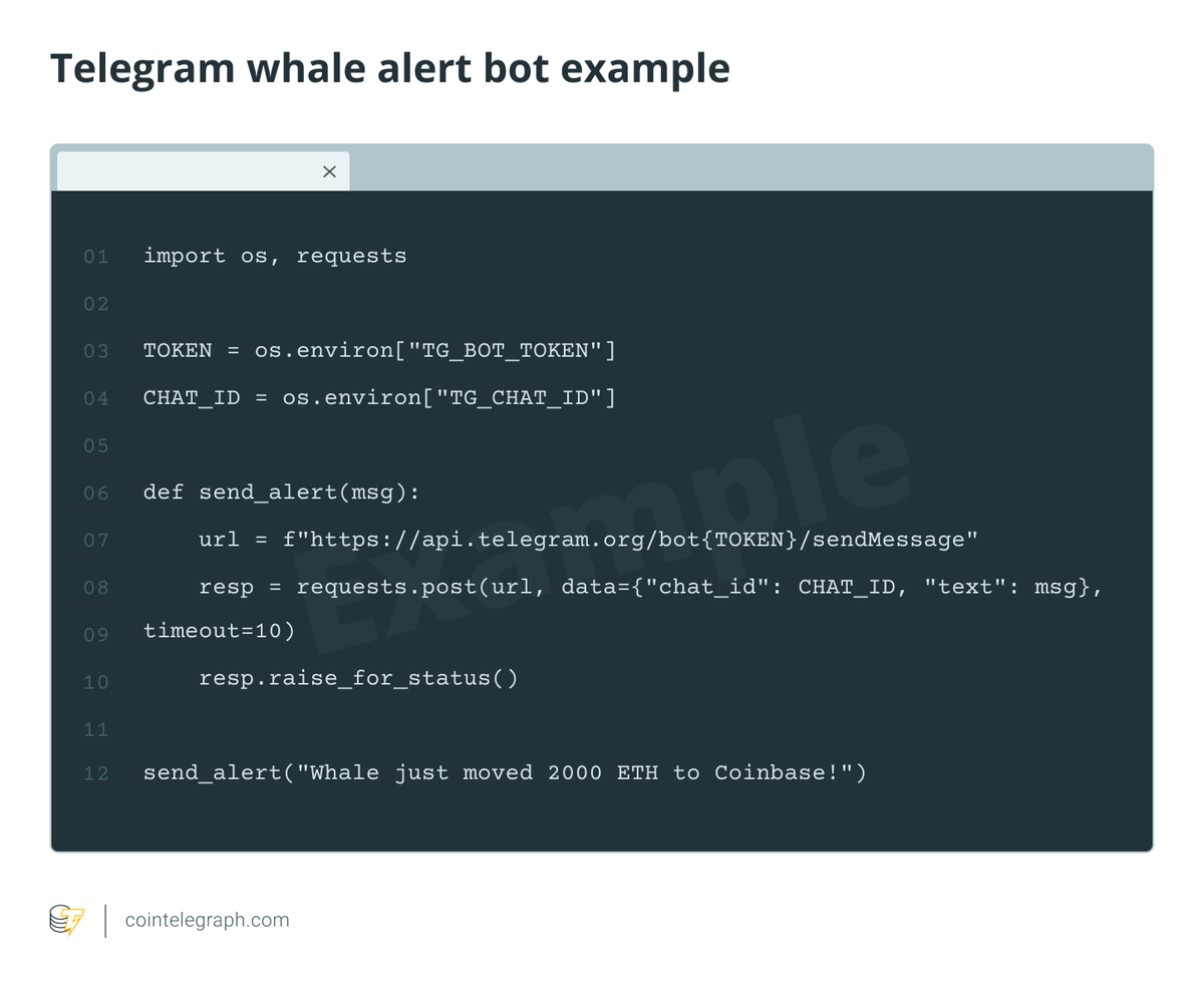 Ví dụ về đoạn mã Python tạo bot Telegram để gửi cảnh báo &ldquo;whale alert&rdquo; &mdash; thông báo khi có giao dịch lớn (ví dụ- 2.000 ETH) được chuyển lên sàn như Coinbase. Source- Cointelegraph.webp