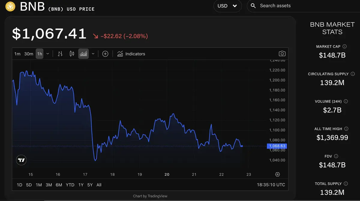 Biểu đồ gi&aacute; BNB_USD (khung 1 giờ).webp