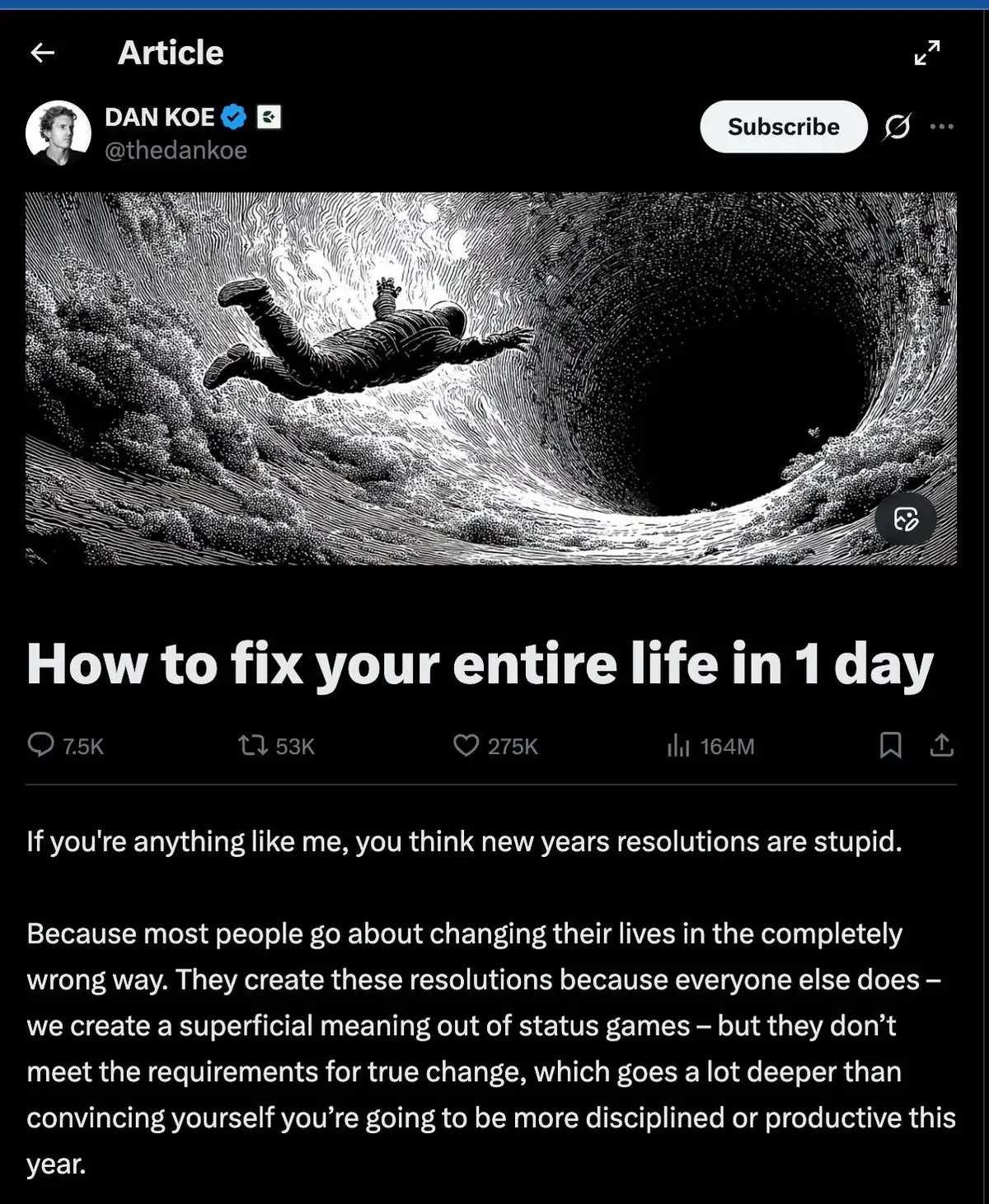 Bài viết của Dan Koe đạt hơn 164 triệu lượt xem trên X, Elon Musk retweet, meme coin ăn theo tăng hơn 20.000% chỉ sau 2 ngày